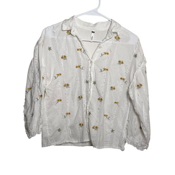 Sybilla Blouse Women's Medium Textured Button Up Collared 3/4 Sleeve Top - Picture 1 of 9